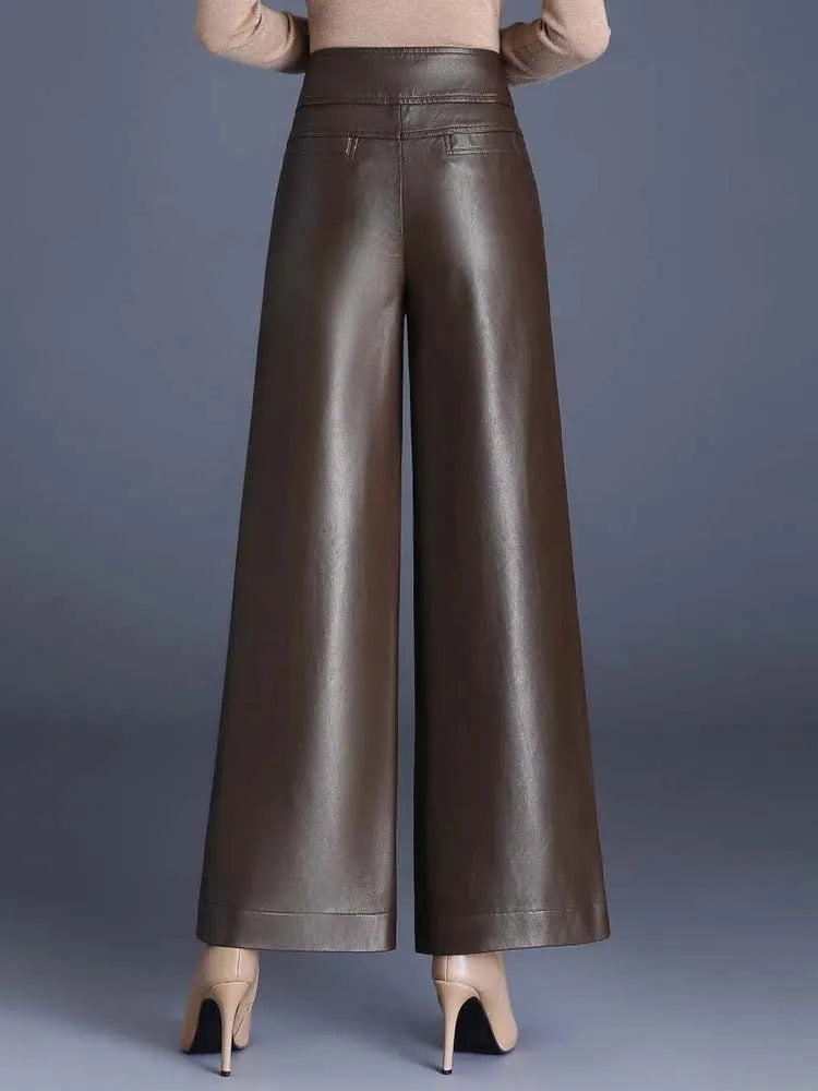 ZUZK High Quality Women PU Leather Wed Leg Pants Autumn Winter Fashion Warm Long Leather Pants Elegant LeatherTrousers