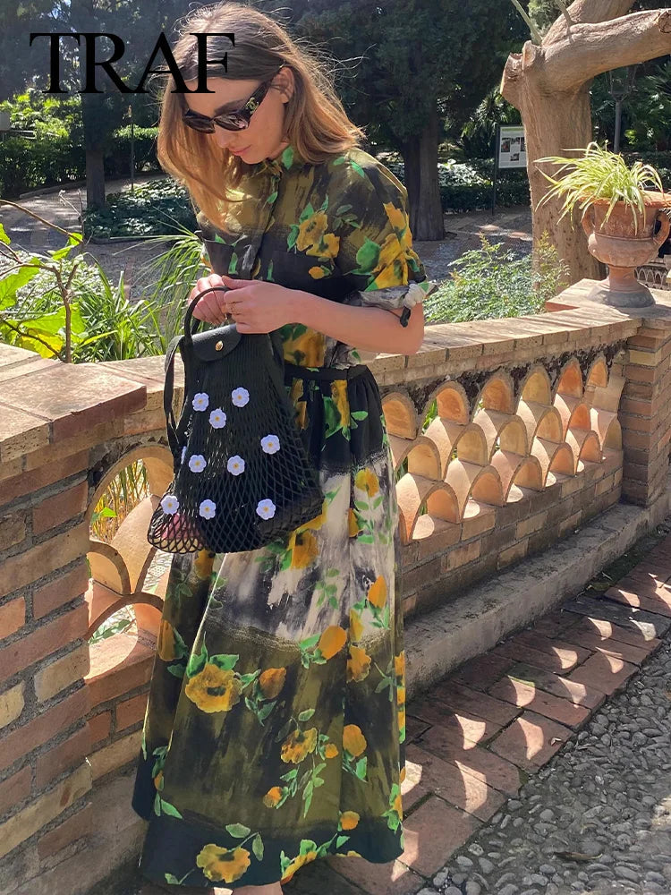 TRAF Summer Vintage Y2K Short Sleeve Green Floral Print Woman Zipper Shirt Set High Waisted A Line Pleated Skirt Suits