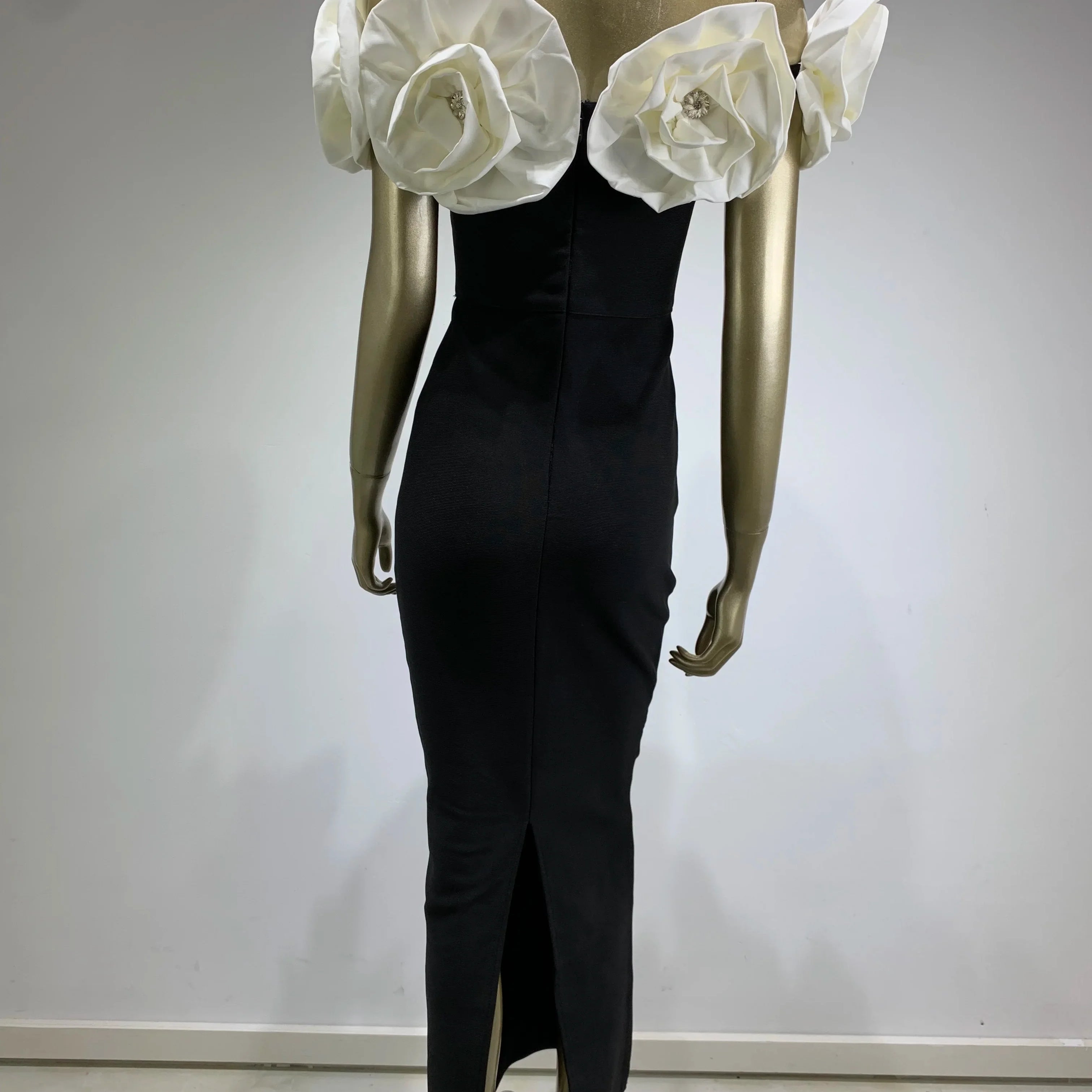Vestido longo bandagem colado ao corpo feminino, sexy, ombro de fora, flor, diamantes, preto, elegante, festa à noite