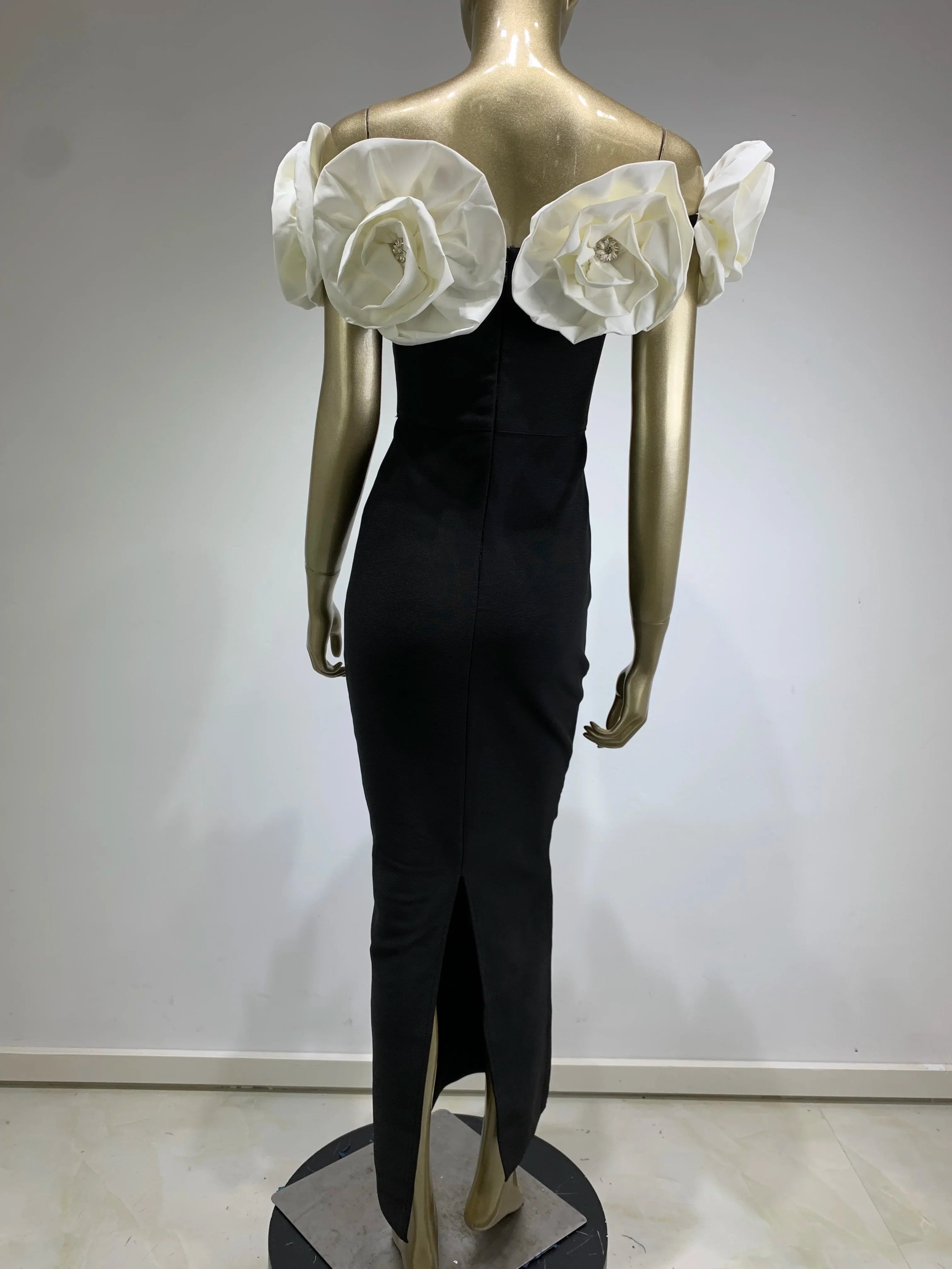 Vestido longo bandagem colado ao corpo feminino, sexy, ombro de fora, flor, diamantes, preto, elegante, festa à noite