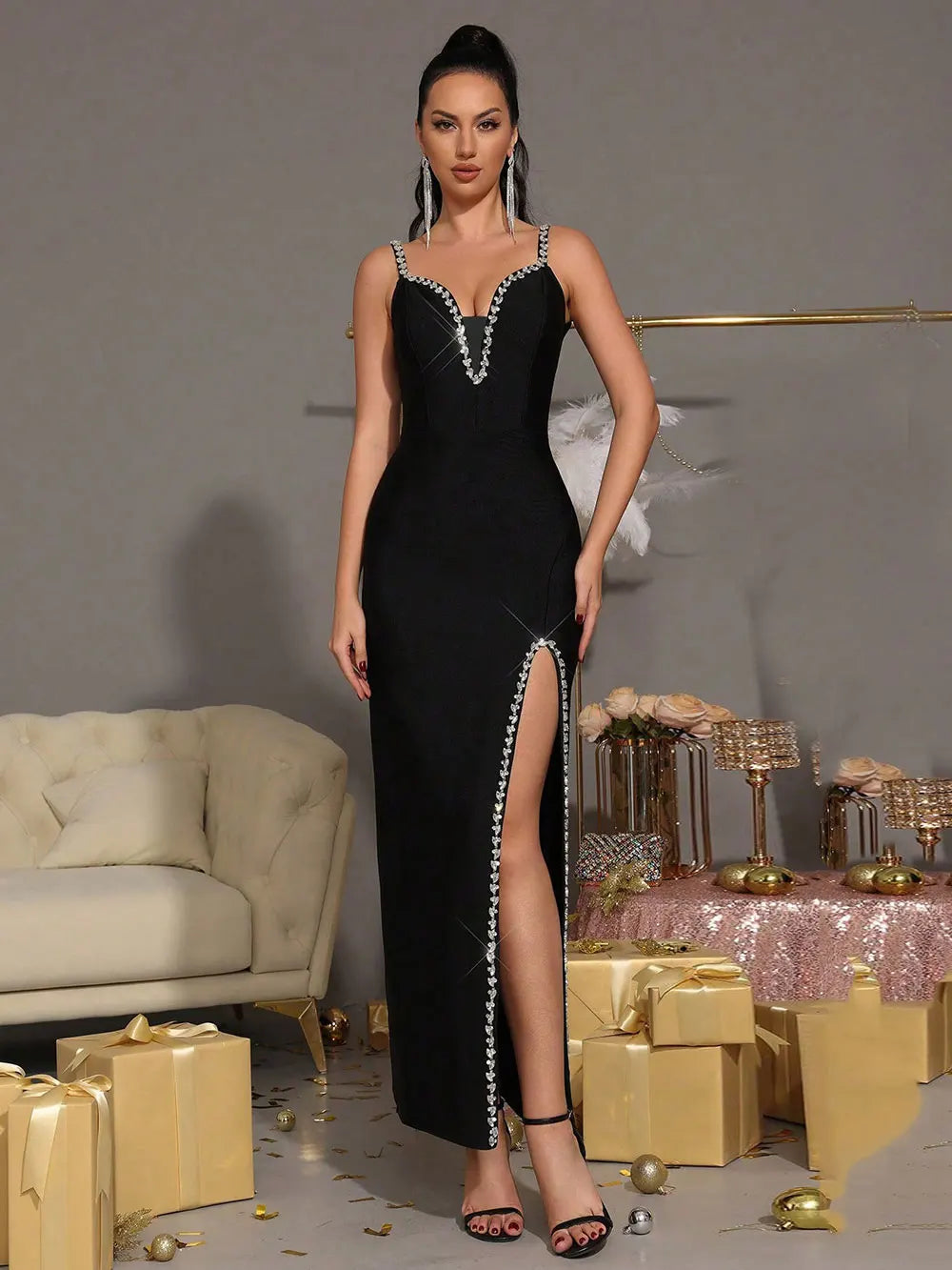 2025 Sexy Women's Nail Diamond Design Bandage Long Dress Spaghetti Strap Sleeveless Bodycon Split Dress Evening Party Vestidos
