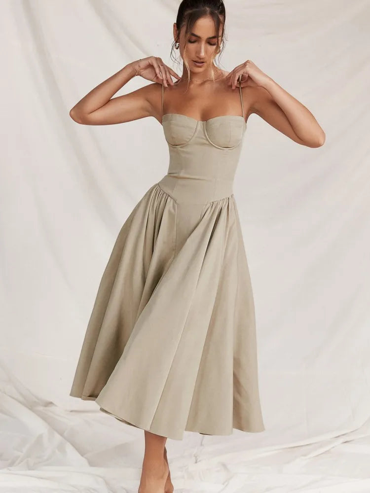 Women Sexy Solid Sling Midi Dress Fashion Sleeveless Backless Pleated Hem Dresses Summer Female Party Evening A-line Robes