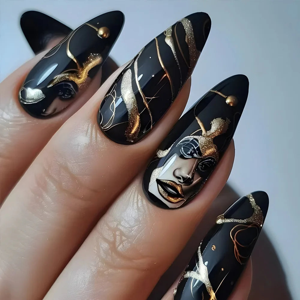 24Pcs Retro Press on Fake Nails Almond Oval Gold Star Nails Patch with Studded Diamond designs Detachable Cool Manicure Art Set