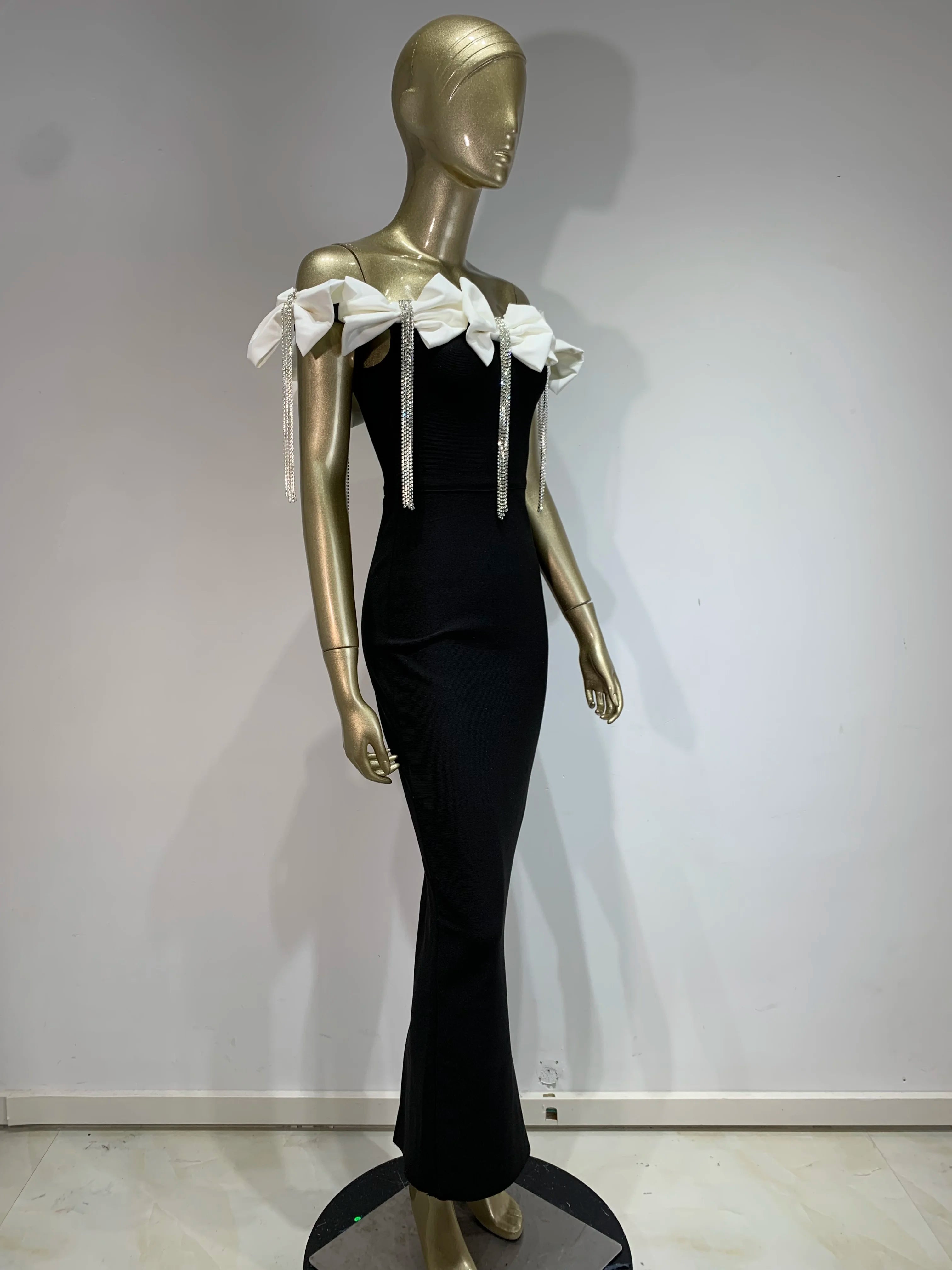 Women Sexy Off the Shoulder Bodycon Bandage Long Dress Bow Chain Elegant Evening Party Celebrate Birthday Dress