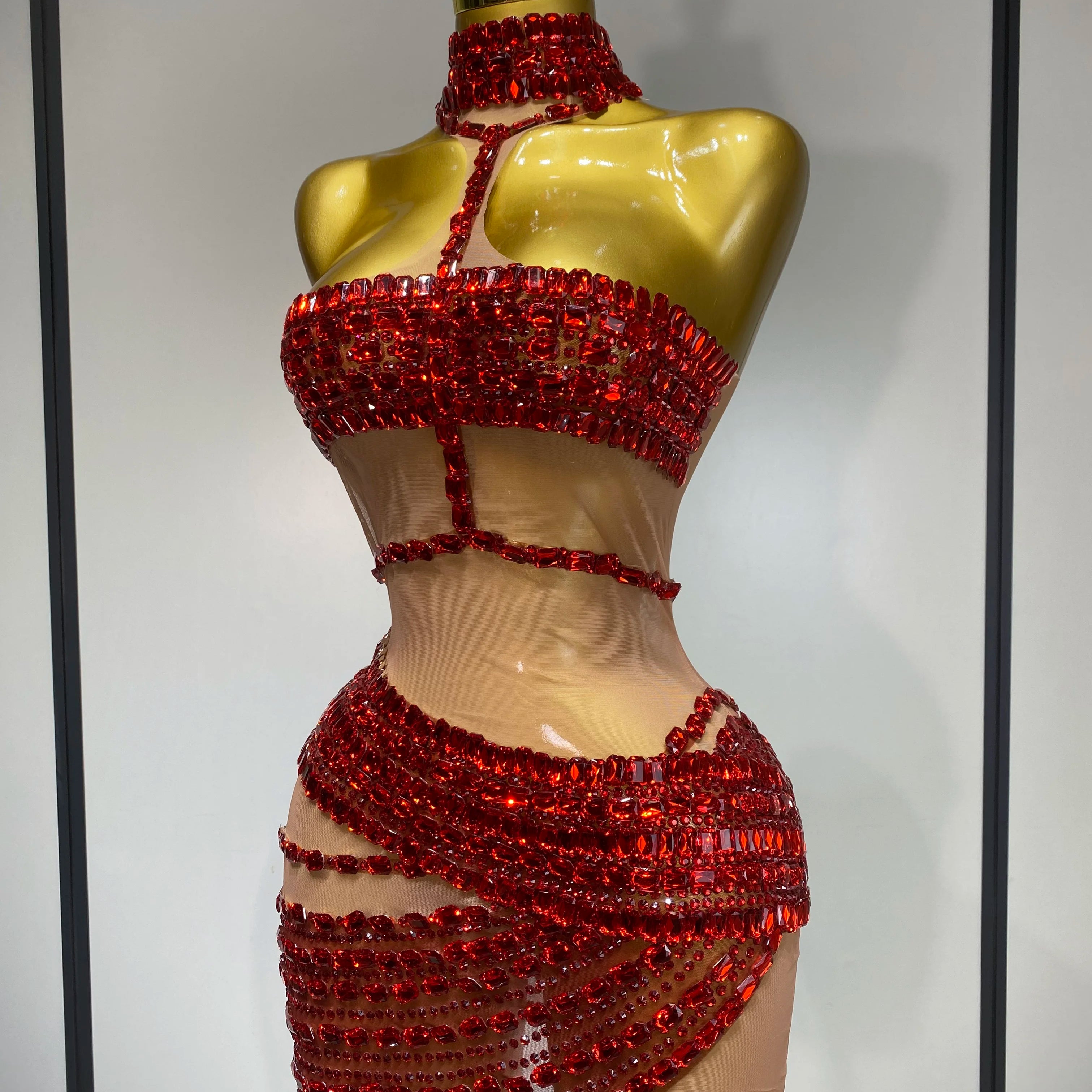 Sparkly Red Rhinestone Mini Dress Womer Sexy Mesh Birthday Wedding Party Prom Gowns Drag Queen Costume Singer Stage Outfit