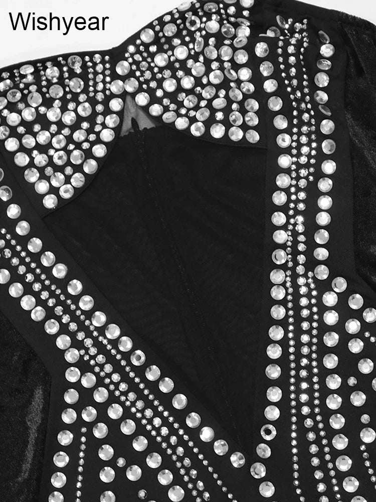 Luxury Diamonds Rhinestones Mesh Velvet See Though Strap Bodycon Dresses Women‘s Sexy Night Club Birthday Party Vestidos Female