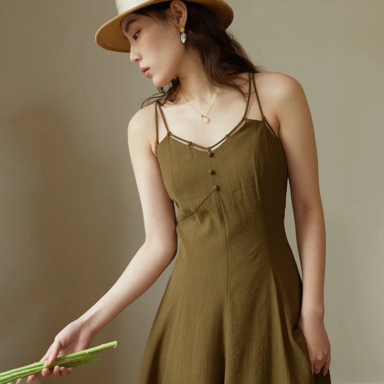 French Retro Design Collar Chic Suspender Skirt for Women New Spring Slim Thin Waist Vintage Elegant Female Dress