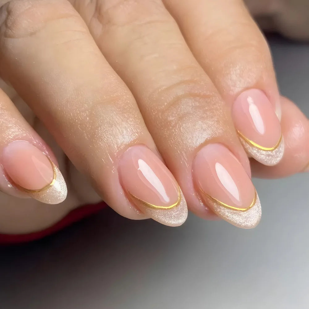 24Pcs Gradient Oval Fake Nails French Short Almond Glitter Nail Tips Art Pink Lovely Wearable Fashion Simple Nails Set Press On