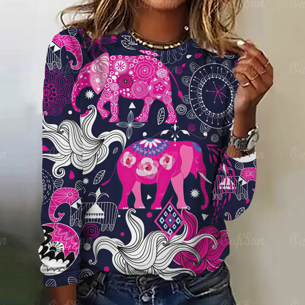 Paisley Print Top Women Long Sleeved Streetwear Summer Vintage Tee Women's Fashion O Neck T Shirts Y2k Oversized Female Clothing W010203-SM16957