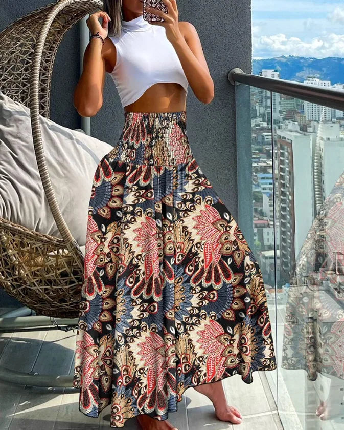 CM.YAYA Women Fashion Bandanna Paisley Big Swing High Waist Maxi Skirt Streetwear 2024 Boho Vintage Casual Long Skirts