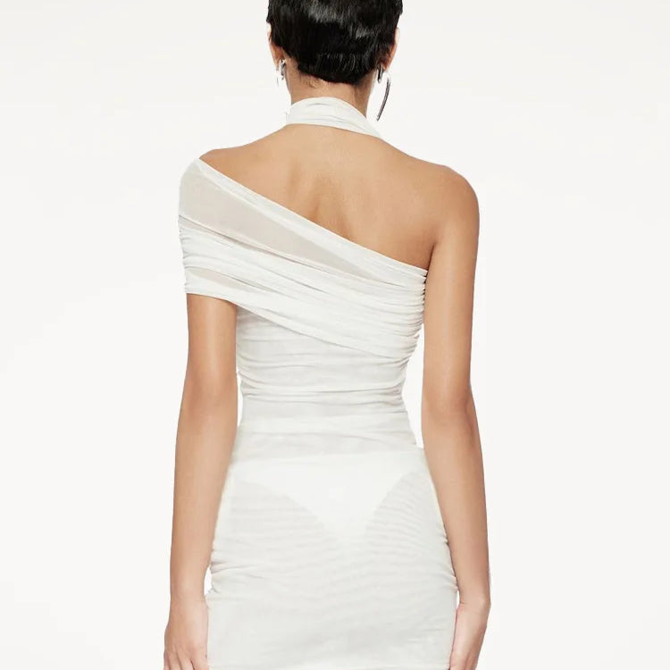 White Color Women Sexy Halter Florals Mesh See Through Bodycon Mini Dress Celebrate Fashion Nightlcub Party Outfit Wholesale