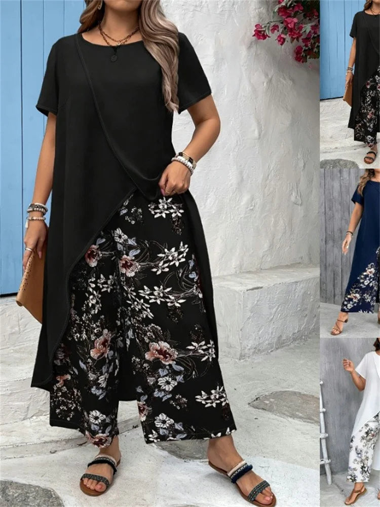 Wmstar Plus Size Two Piece Sets Women Wholesale Long Top and Print Wide Leg Summer Matching Suit Fashion Street Wear 2025