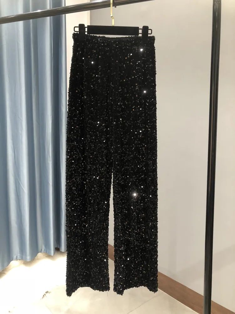 Y2k Pants Woman Elastic Waist Sequins Wide Leg Trousers Shiny Full Length Straight Female High Street black