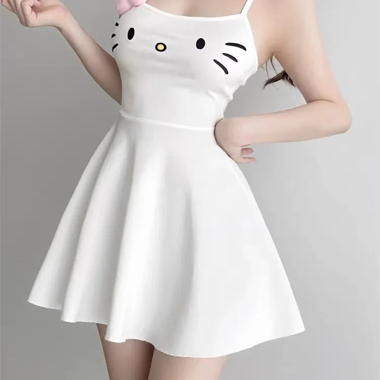 HOUZHOU Kawaii White Dress Women Japanese Y2k Cat Face Embroidery Cute Spaghetti Strap Mini Dress Bow Patchwork Anime Sundress White