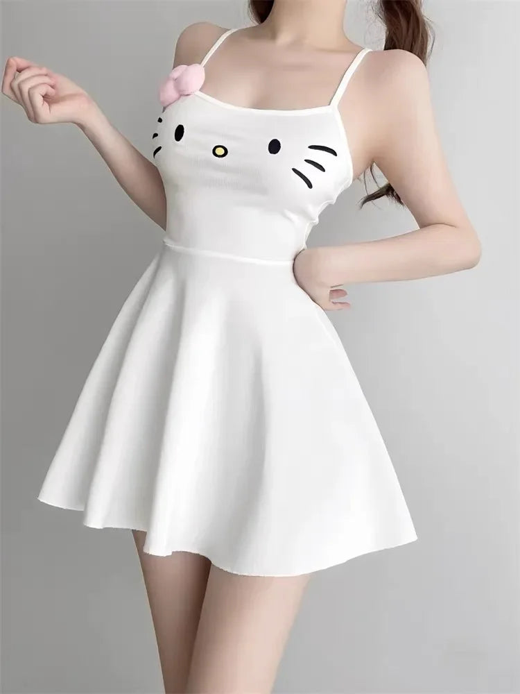 HOUZHOU Kawaii White Dress Women Japanese Y2k Cat Face Embroidery Cute Spaghetti Strap Mini Dress Bow Patchwork Anime Sundress White