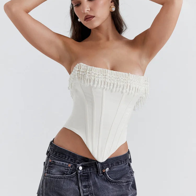 Mozision Pearl Tassel Sexy Crop Tops Women Off-shoulder Backless Skinny Corset Tops Femme Satin Fashion Club Party Tops Mujer