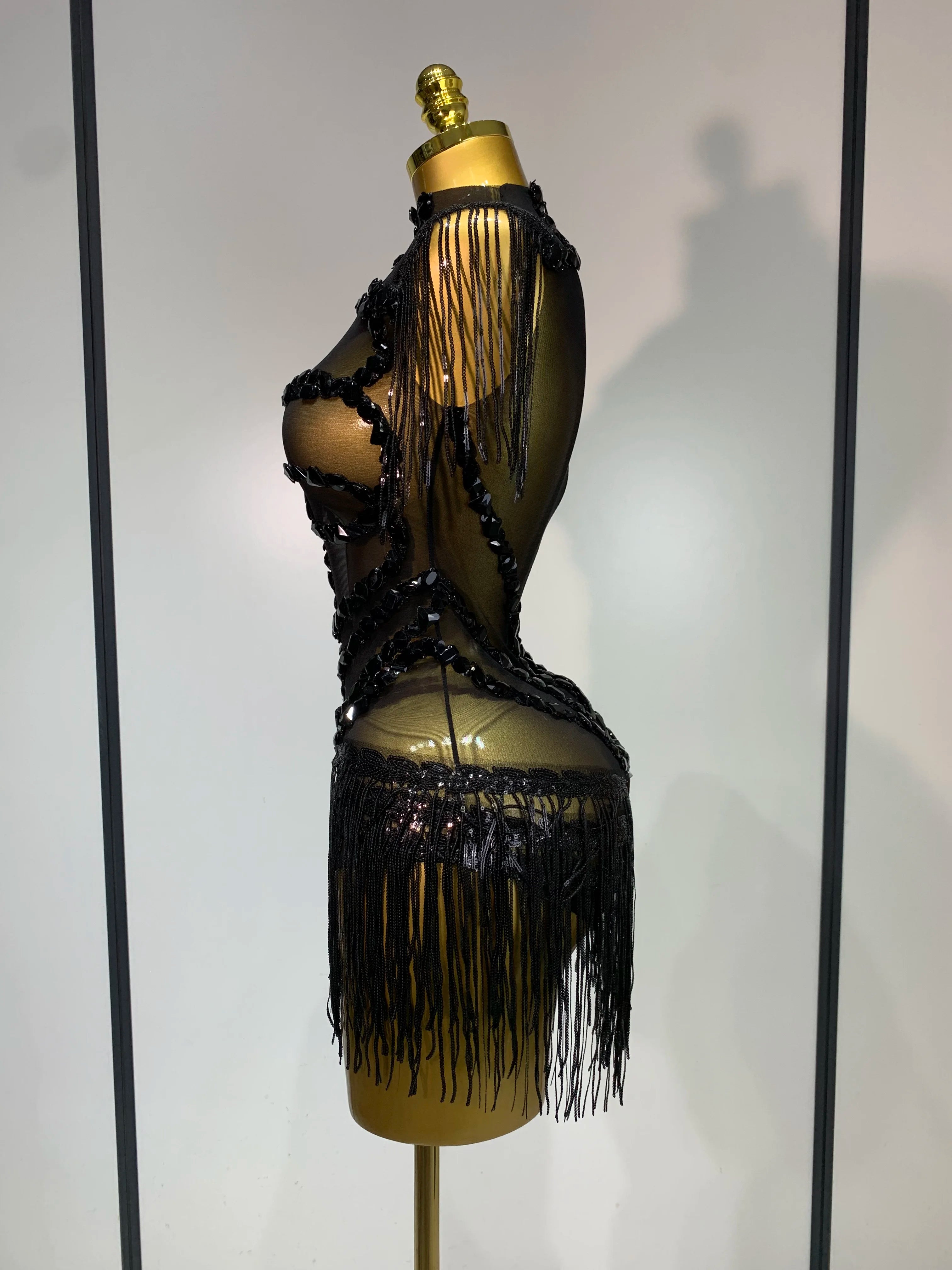 Sexy Mesh SeeThrough Black Rhinestone Bodysuit Singer Dancer Show Stage Outfit Celebrate Birthday party Club Performance Waer