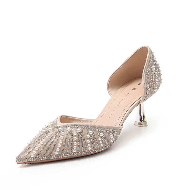 6CM Pointed Toe Bride Wedding Shoes Cinderella Prom Rhinestone Mary Janes High Heels Thin Heels Mary Jane Shoes Khaki