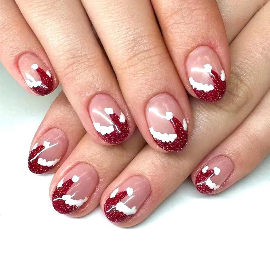 24Pcs Christmas French Fake Nail with Snowflake Design Glitter Pink Full Cover Nail Tip Xmas Short Wearable Press on False Nails