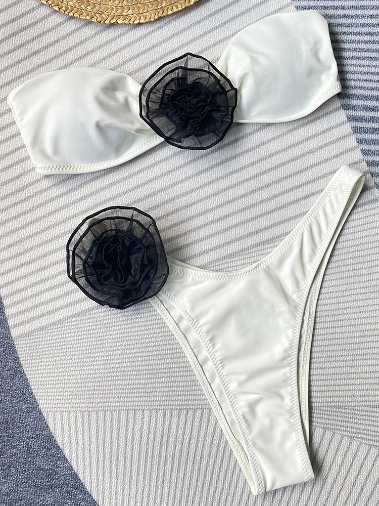 3D Flowers Brazilian Strapless Bandeau Bikini Female Swimsuit Women Swimwear Two-pieces Bikini Set High Cut Bathing Suit Swim B888White