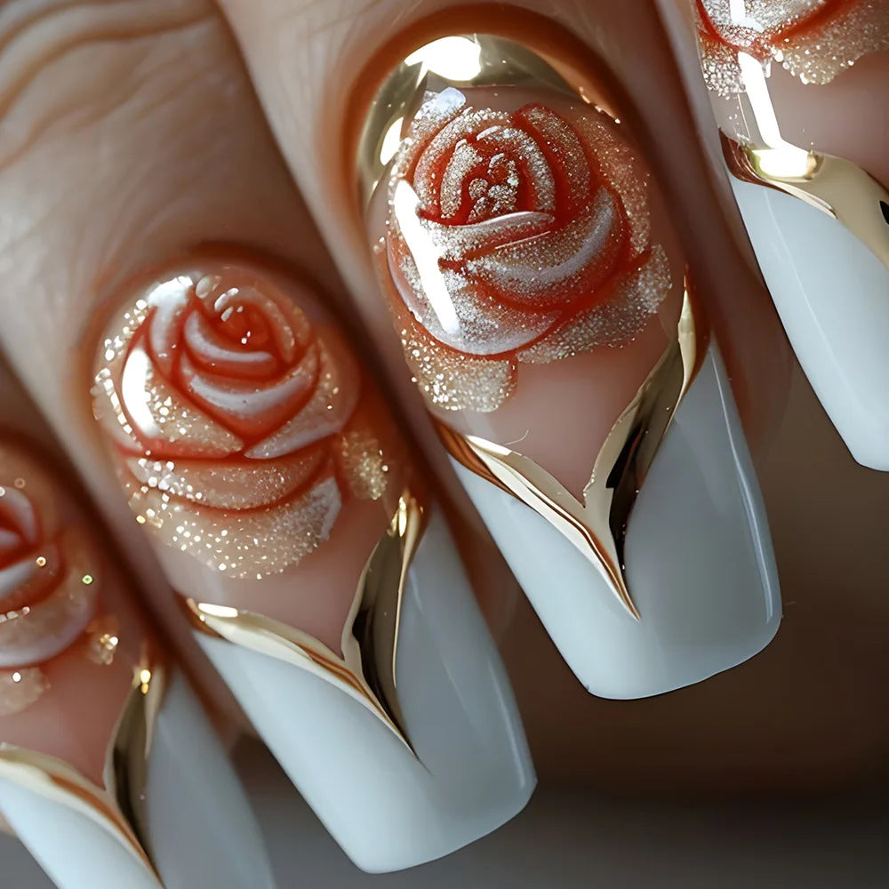 24Pcs Long Ballet False Nails Dark Red Flower Press on Nails Stripe French Coffin Nails Romantic Rose Medium Acrylic Fake Nail