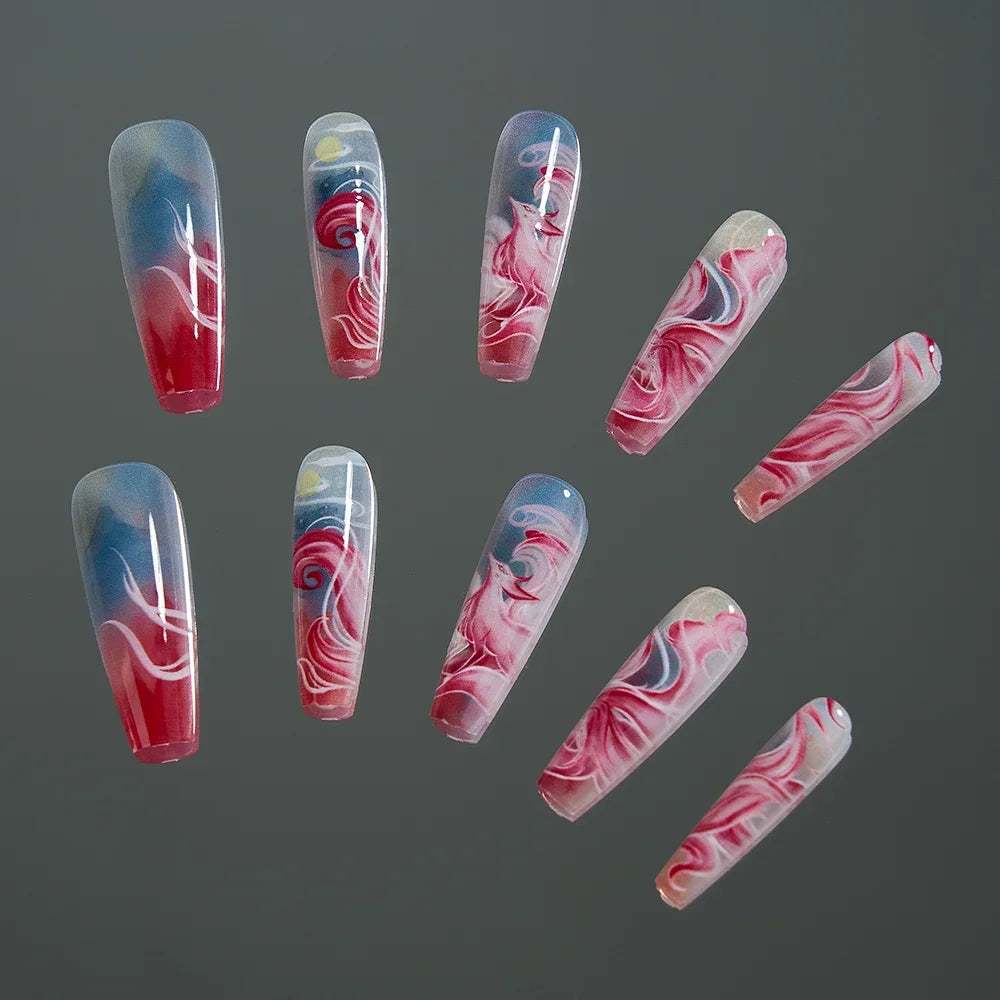 10Pcs/set Lucky Nine-tailed Fox Printed Chinese Style False Nails Long Press-on Acrylic Fakes Nails Adhesive Unique Design