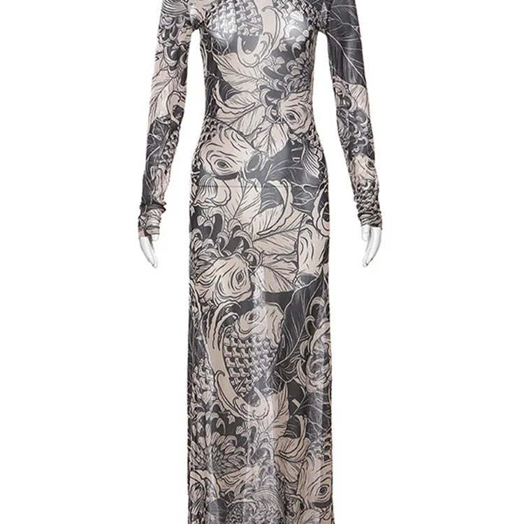 Women Autumn Winter Long Sleeve Mesh See Through Streetwear Bodycon Long Dress