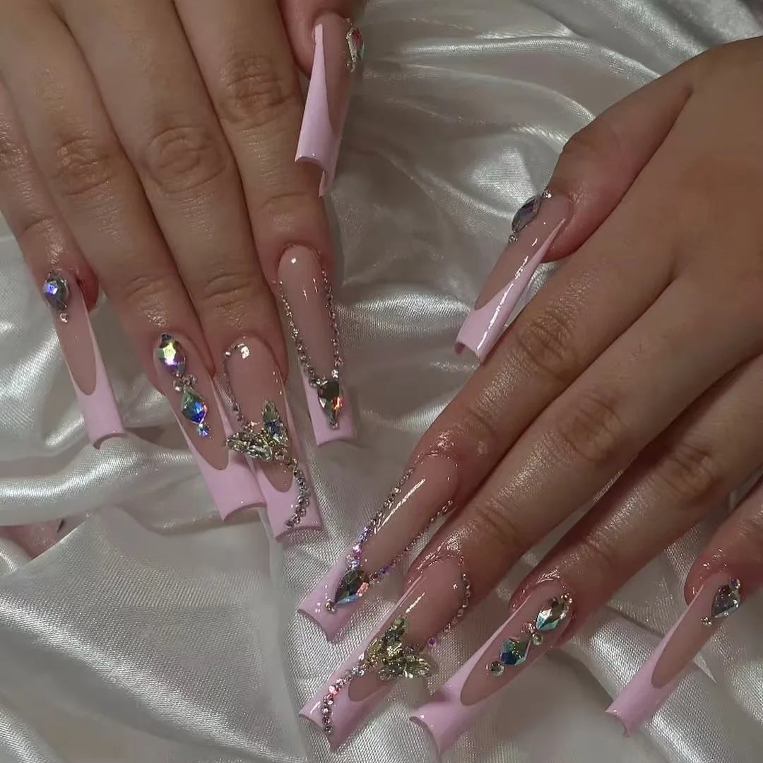 24Pcs Pink Press on Fake Nails Long Coffin with Love Broken Diamond Pearl Bowtie Design French Fake Nails Full Cover Nail Tips