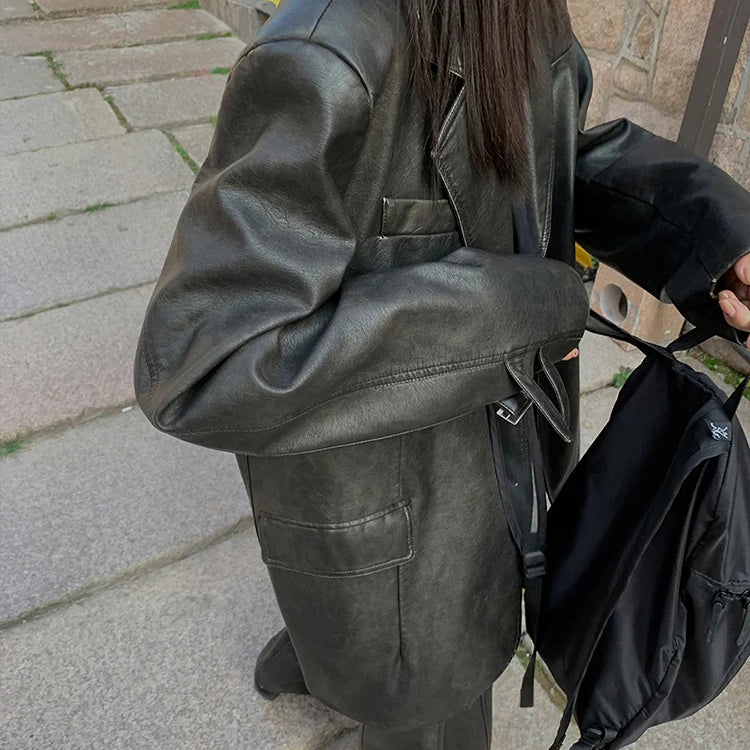 Spring Autumn Cool Retro Soft Distressed Pu Leather Blazer Jacket Women Single Breasted Loose Casual Korean Fashion 2024 Brown