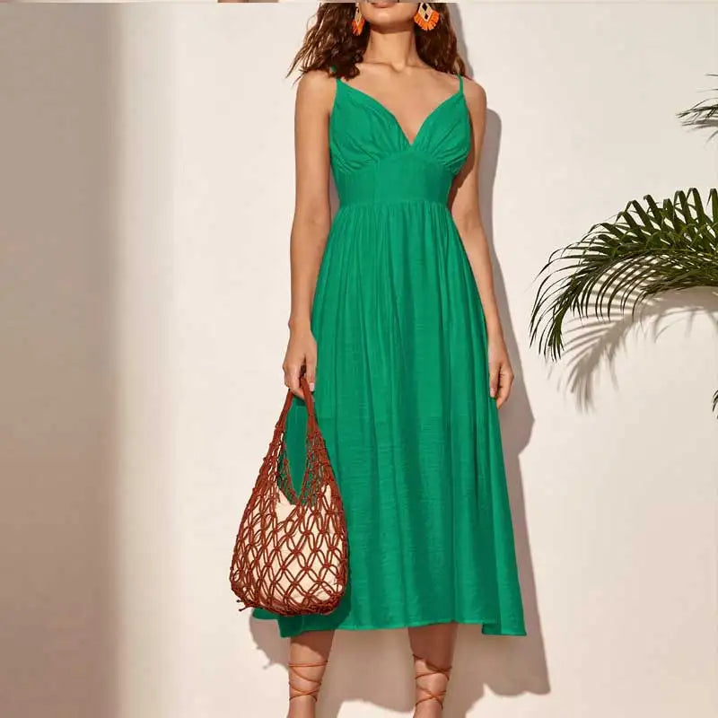 Halters Sexy Long Skirt Temperament Commuter Solid Color V-neck Waist French Road North A-line Skirt Dress