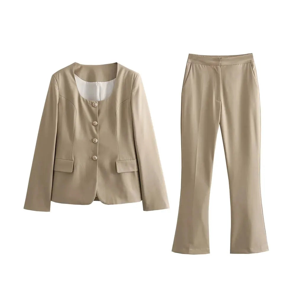 TRAF Spring Women's Khaki Office Lady Blazer Suit Single Breasted Jacket High Waist Women's Slightly Spicy Zipper Pants Set khaki suit