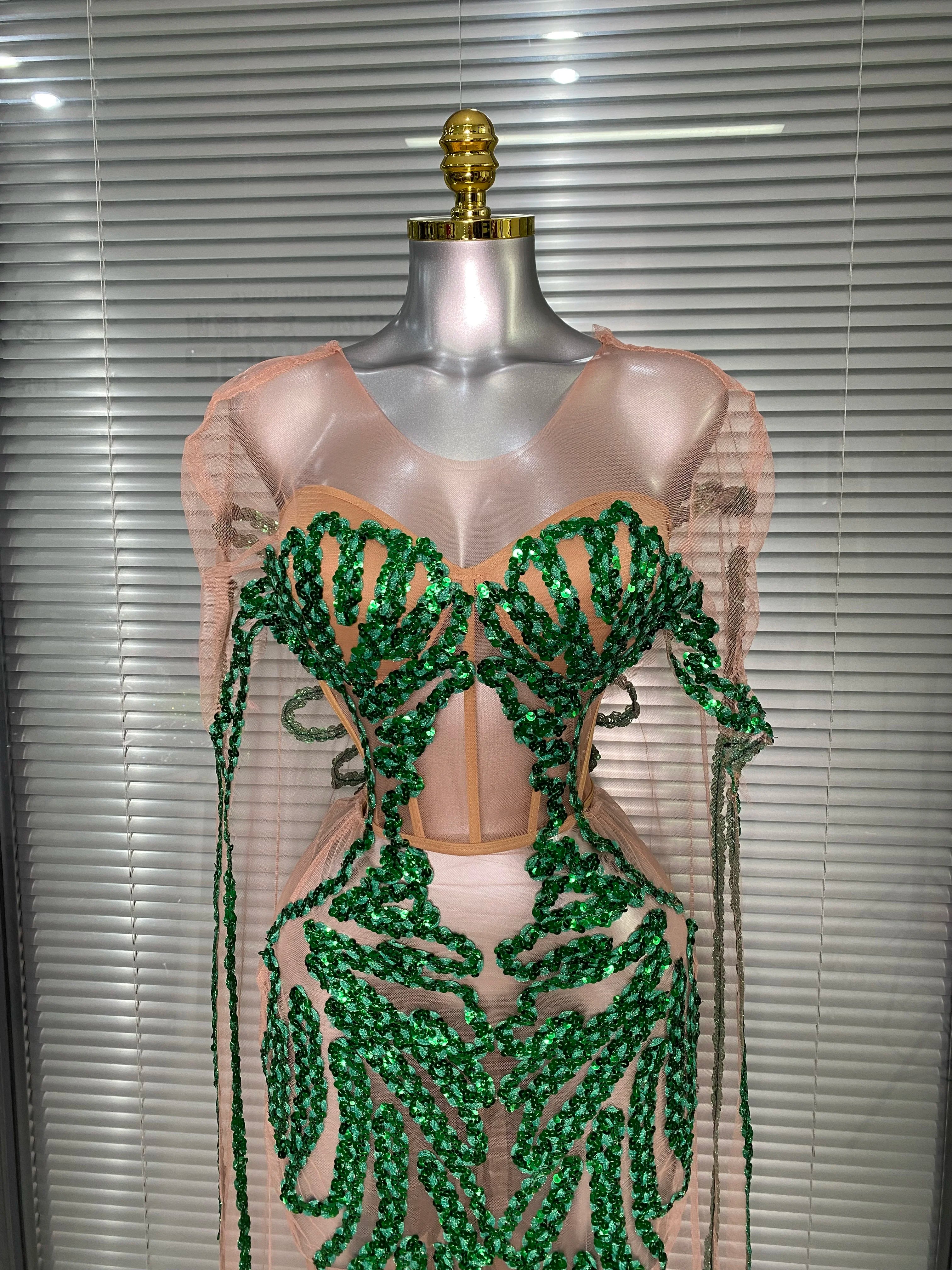 New Women Sexy Mesh Sheer Sequins Green Maxi Dress See Through Party Costume Stage Performance Dress