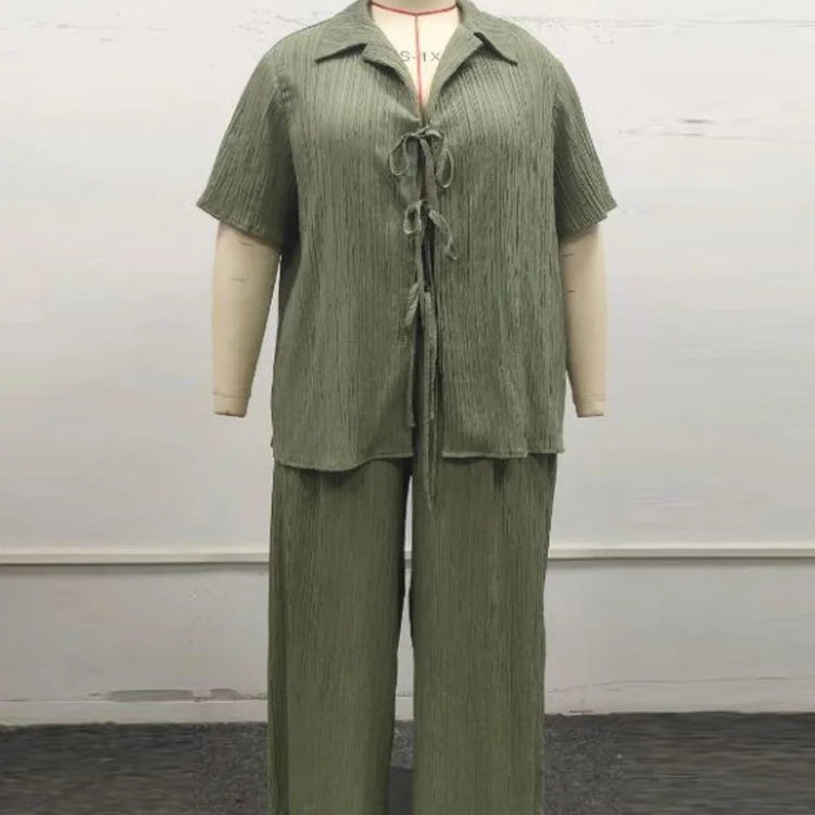 GIBSIE Plus Size Spring Summer Women Two Piece Set Loose Lace-up Shirt Top + Wide Leg Pants 2025 Female Casual 2 Piece Outfits