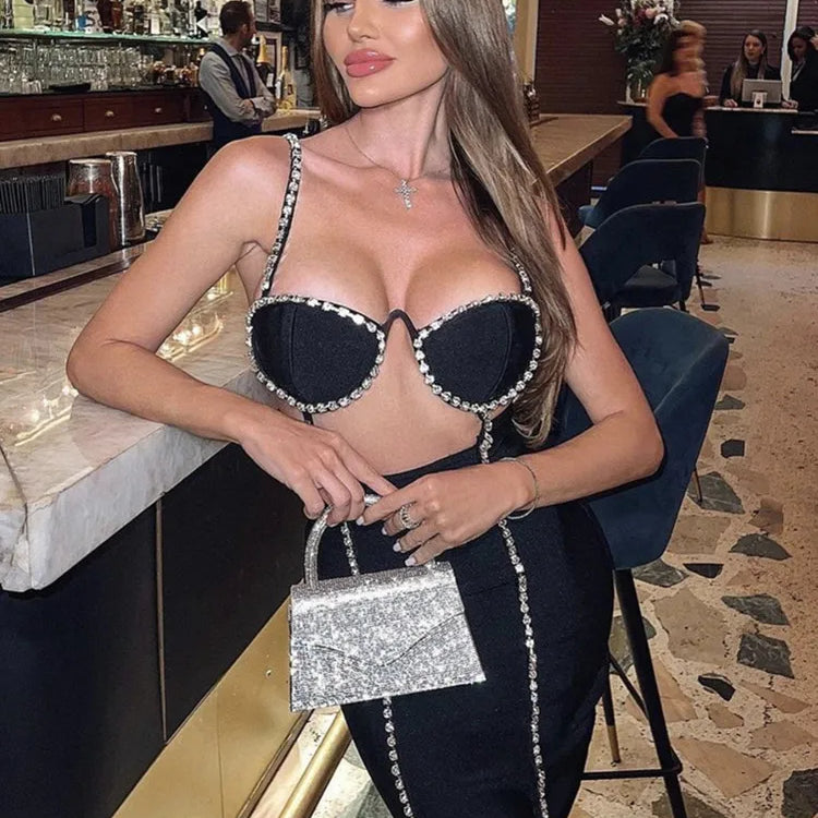 Vestido curto feminino estilo verão, sexy, decote em V, com recortes de diamantes e cristais, preto, bodycon, elegante, para festa à noite
