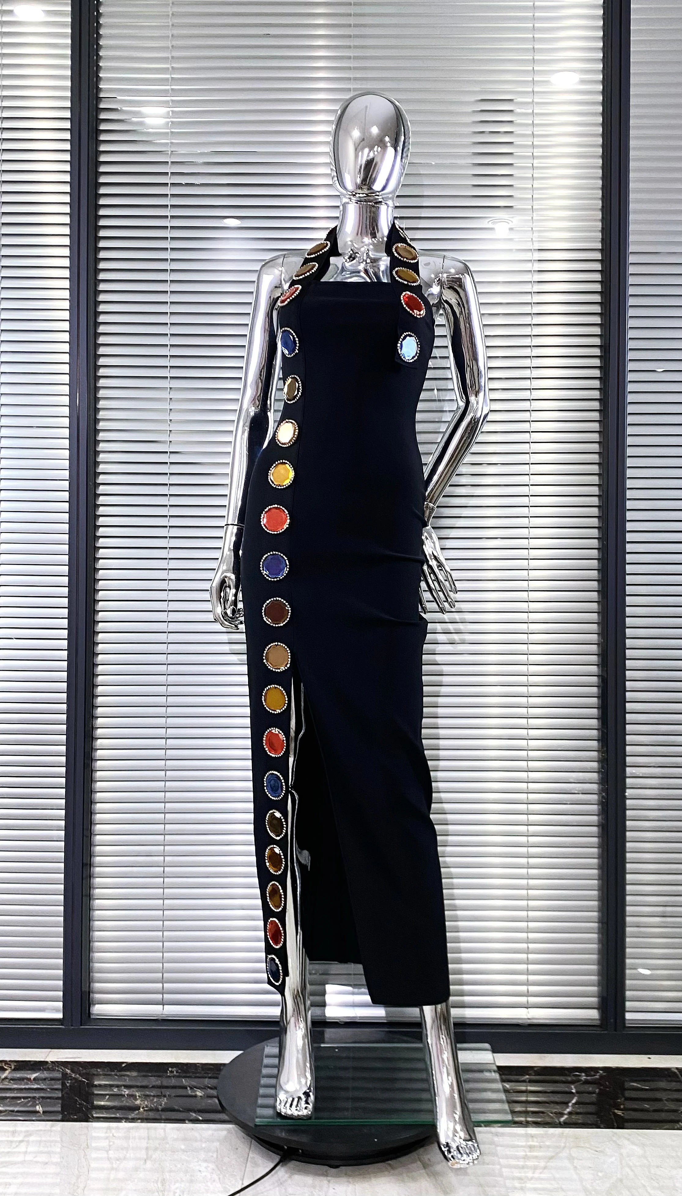 New Summer Special Design Shining Colorful Diamonds Sexy Halter Black Bandage Dress Woman Birthday Party Dress Club Party Outfit