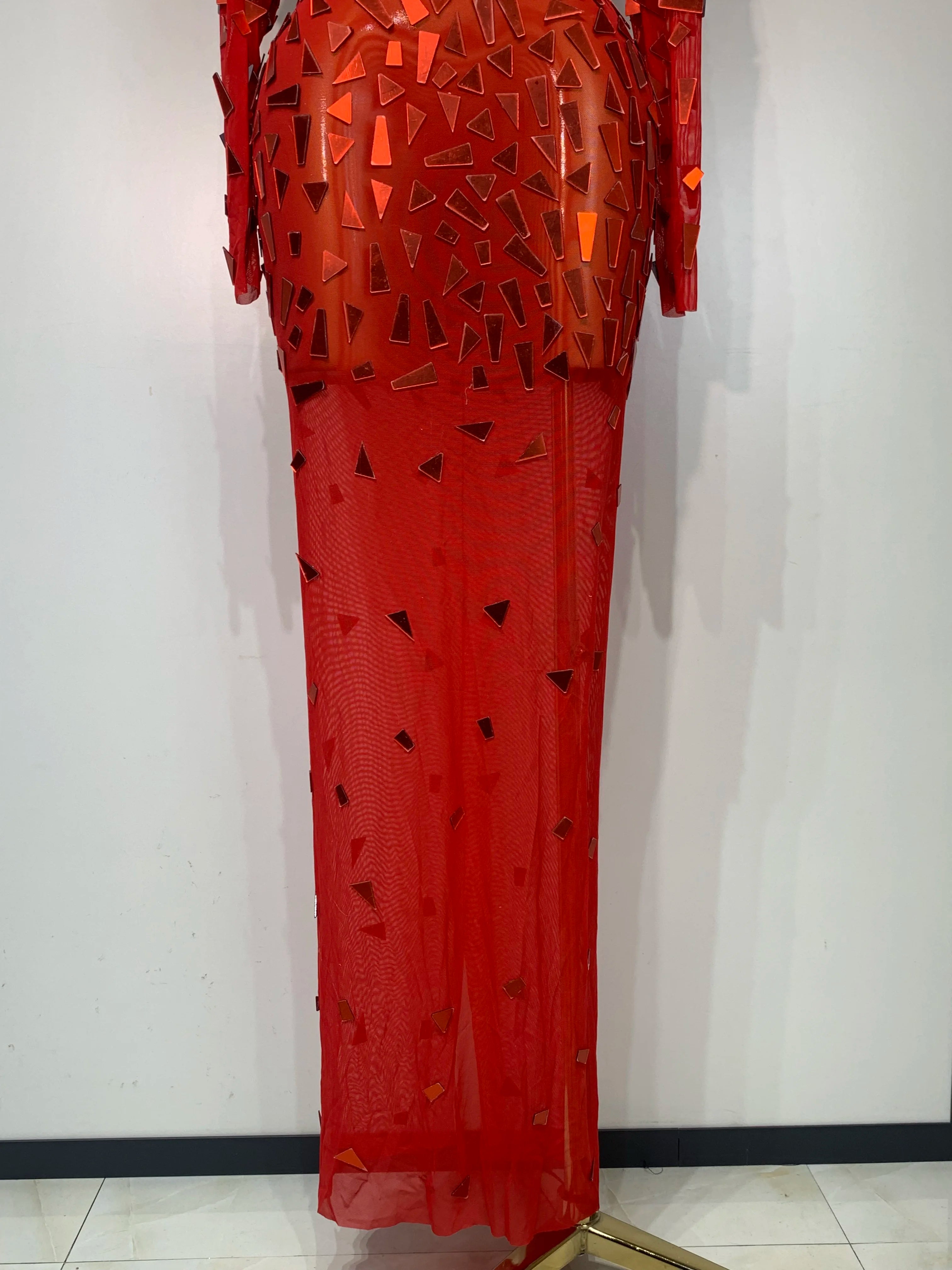 Sparkly Sequin Red Long Dress Luxury Birthday Celebrate Wedding Evening Prom Clothing Sexy Mesh See Through Strech Evening Gown