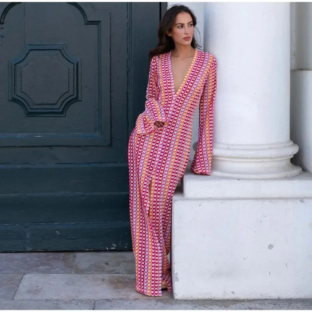 Striped Hooked Crochet Knit Long Dress Women Autumn Long Sleeve A Line Vestidos Female Vintage Commuter Slim Dresses Red