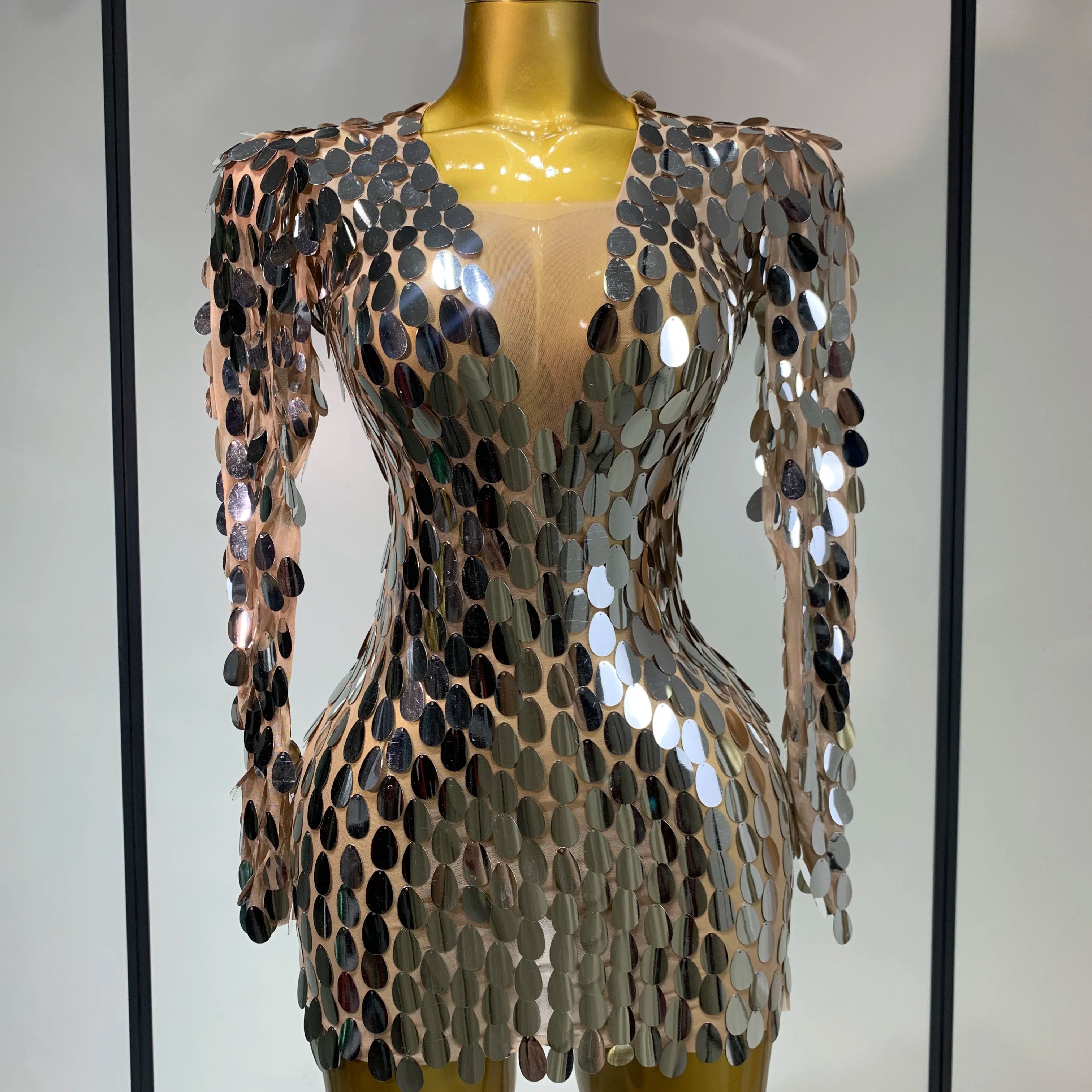 Women Sexy Mesh Stretch Sparkly Sequins Stage Performance Costume Dancer Singer Nightclub Evening Party Luxury Birthday Dress