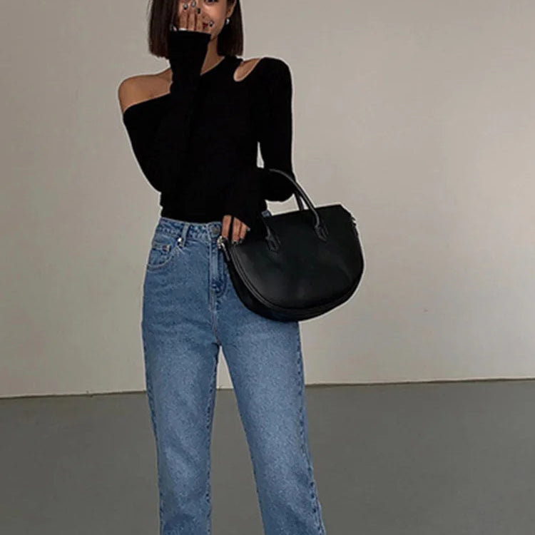 Fashion Skew Collar Off-shoulder Long-sleeved T-shirts Women Spring New Solid Slim Fit Crop Top Sexy Hollow Out Tees Shirts