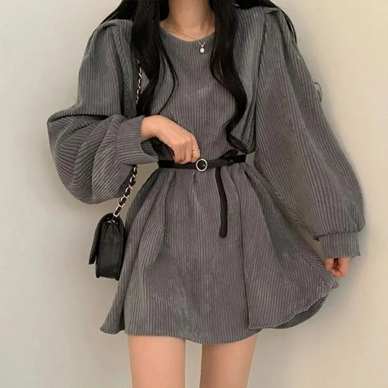 Corduroy Dress Women Vintage Belt Slim Long Sleeve Mini Dresses Fashion Elegant Solid O Neck Chic Streetwear Fall Winter