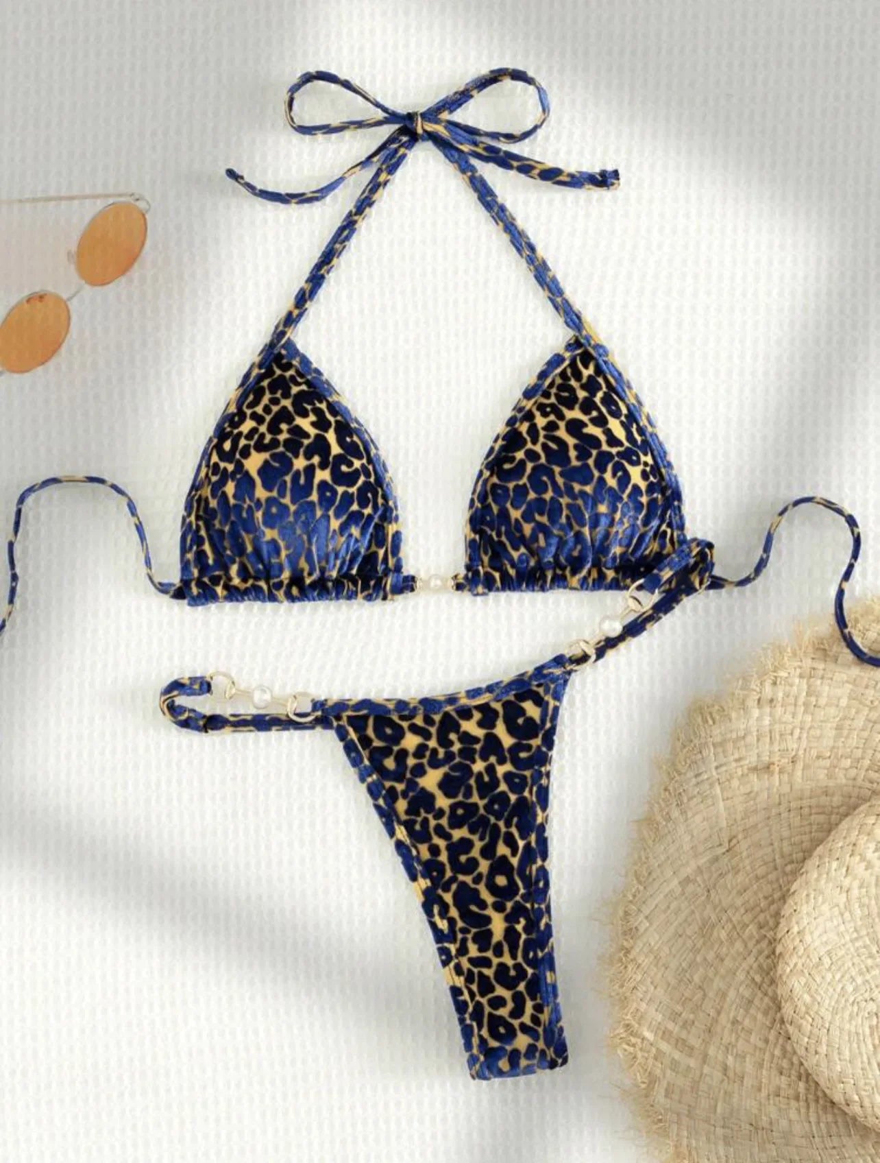 Sexy Leopard Print Glossy Bikini Women's 2-piece Thong Swimwear Suspender Lace-up Low Waist Backless Bathing Suit Beachwear