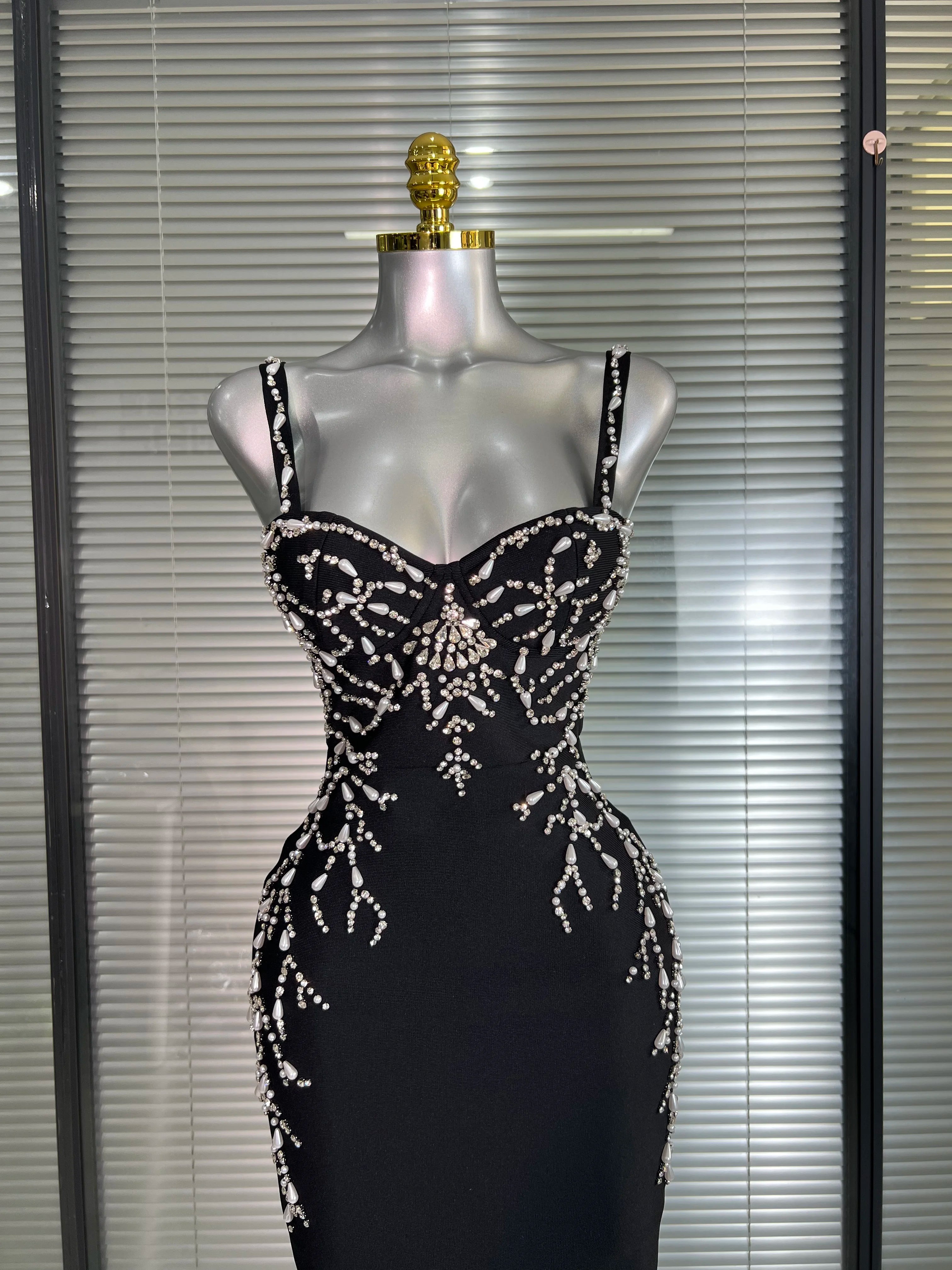 Summer New 2025 Women Black Long Bodycon Bandage Dress Crystal Evening Party Dress Vestido