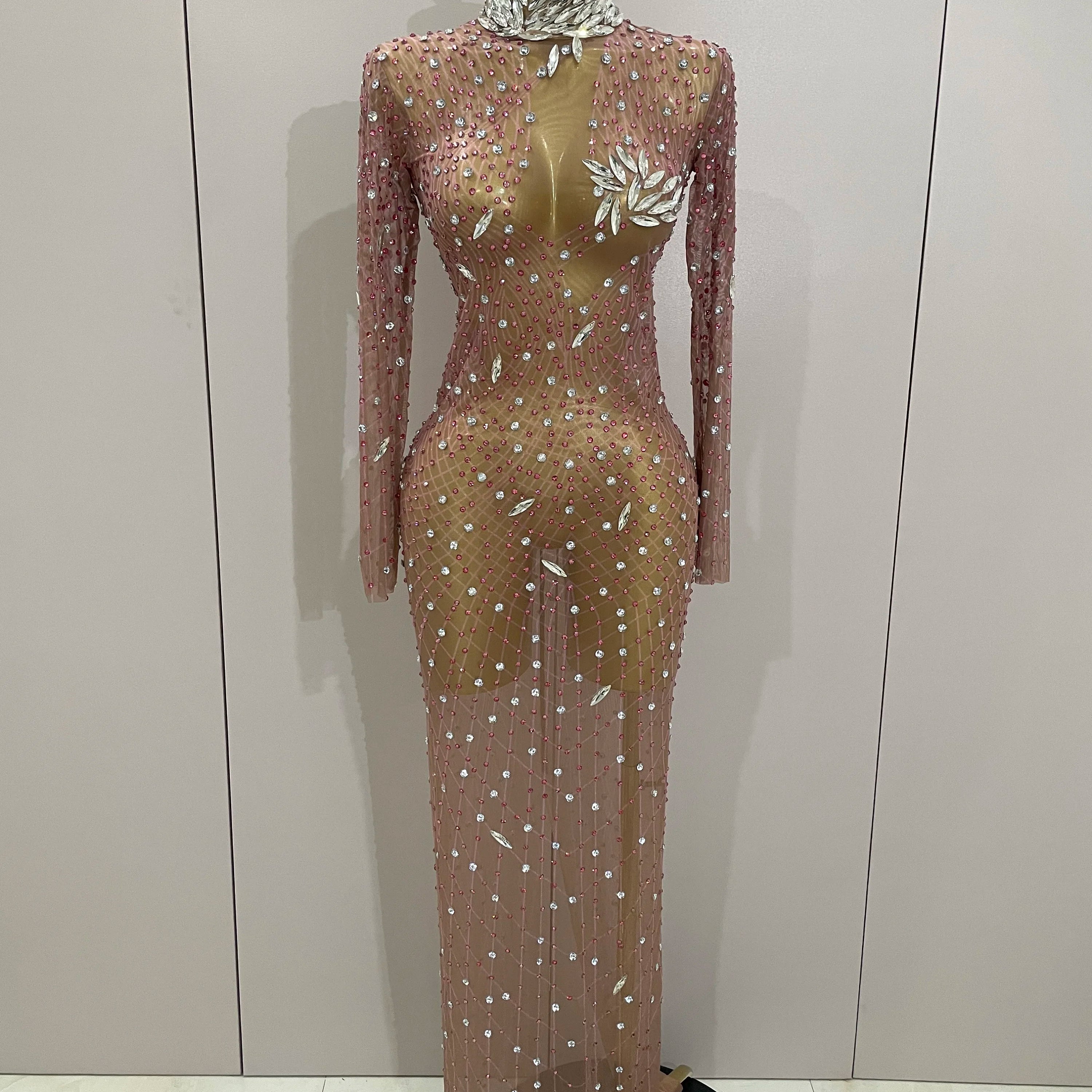 Shining Rhinestones Sexy Mesh See Through Long Dress Women Birthday Celebrate Evening Singer Show Stage Wear Photo Shoot Dress
