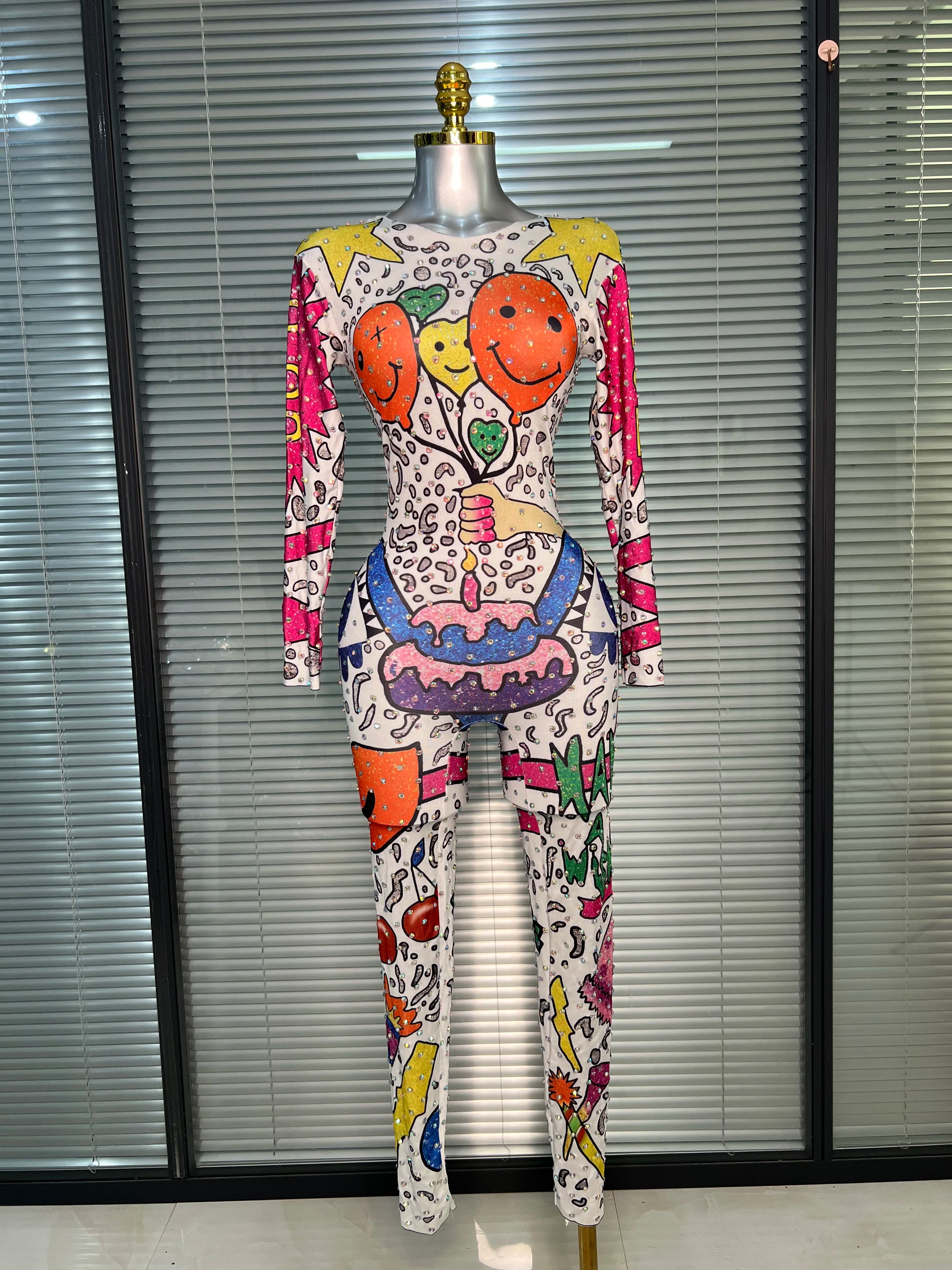 Women Sexy Crystal Stretchy Bodycon Jumpsuit Celebrity Designer Singer Dancer Print Night Club Rompers