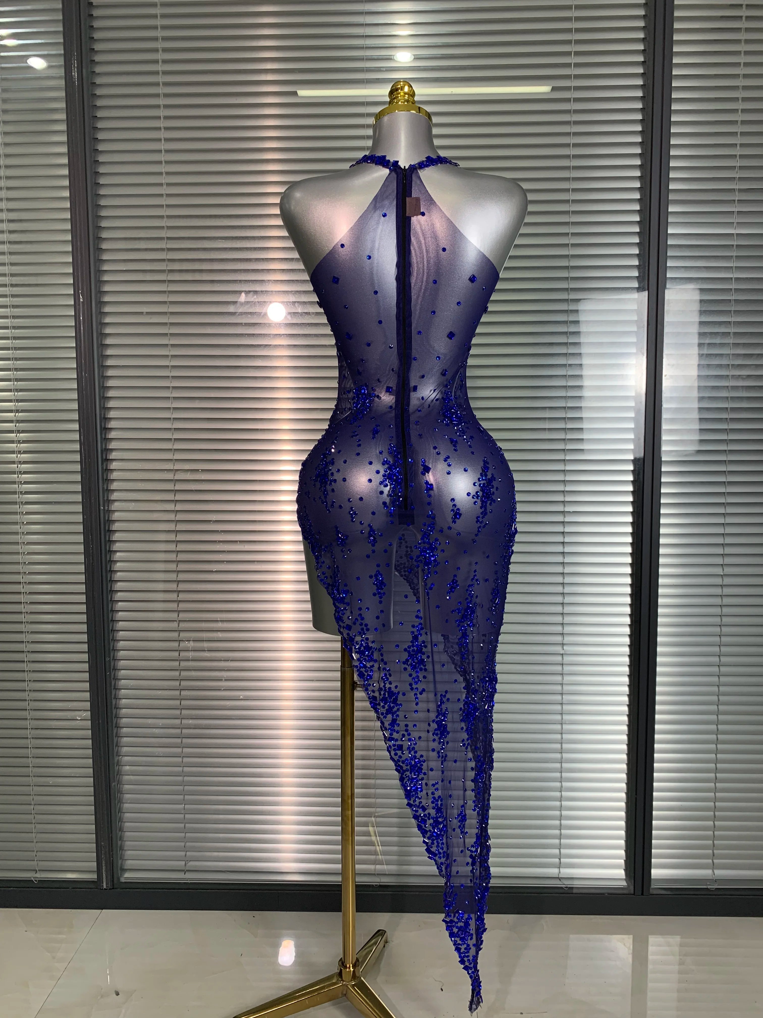 Summer 2025 Women Sexy Mesh Crystal Diamonds Blue Performance Costume Stage Dancer See Through Stretchy Night Club Party Dress