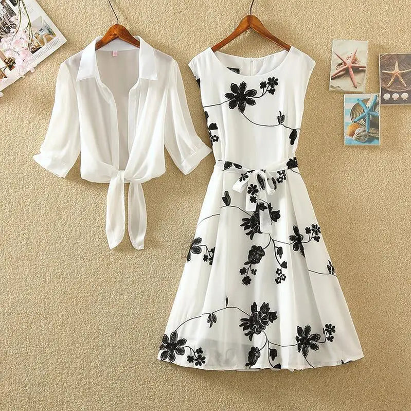 Elegant Suit Two-piece Dress High Waist Sleeveless Slim A-line Skirt Floral Embroidery White Top Bow Belt Vintage WOMEN