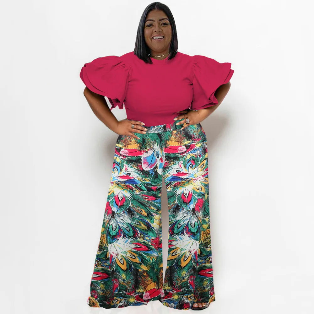 Plus Size Summer 2 Two Piece Set Women Ruffle Pleated Fashion Slim Ladies Blouses Floral Print Loose Pleated Woman Wide Leg Pant