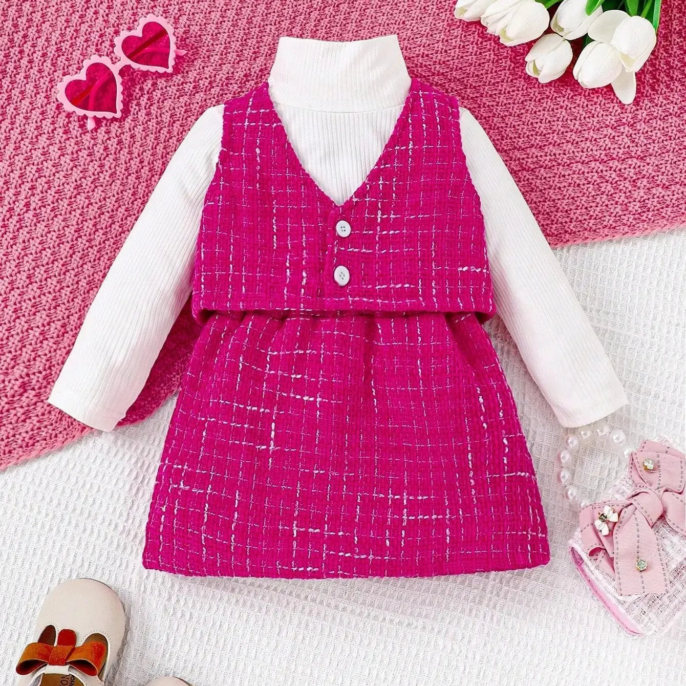 3-piece Autumn/Winter Baby Girl Cute and Sweet Western-Style White Long-Sleeved Rose Red Vest and Skirt Warm Comfort Suit Rose red