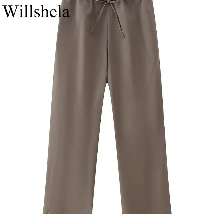 Women Fashion Two Piece Set Brown Pleated Halter Neck Tops & Straight Pants Vintage Female Chic Lady Pants Suit