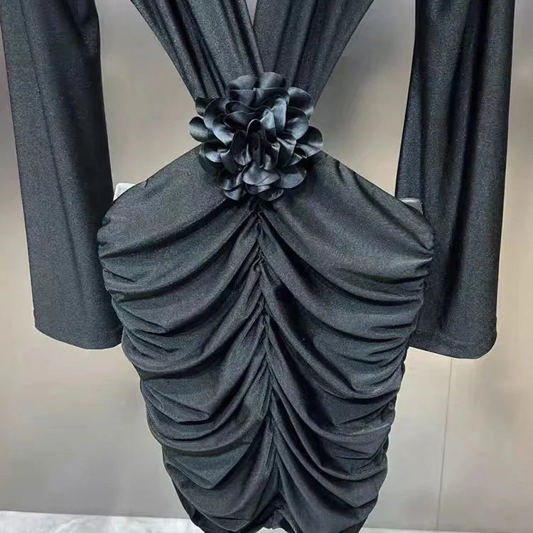 DEAT New Items Trendy Women's Wrinkled 3D Flower Chest Pad Dress Spring Fashion Long Sleeves V-neck Dresses Female 11XX8774